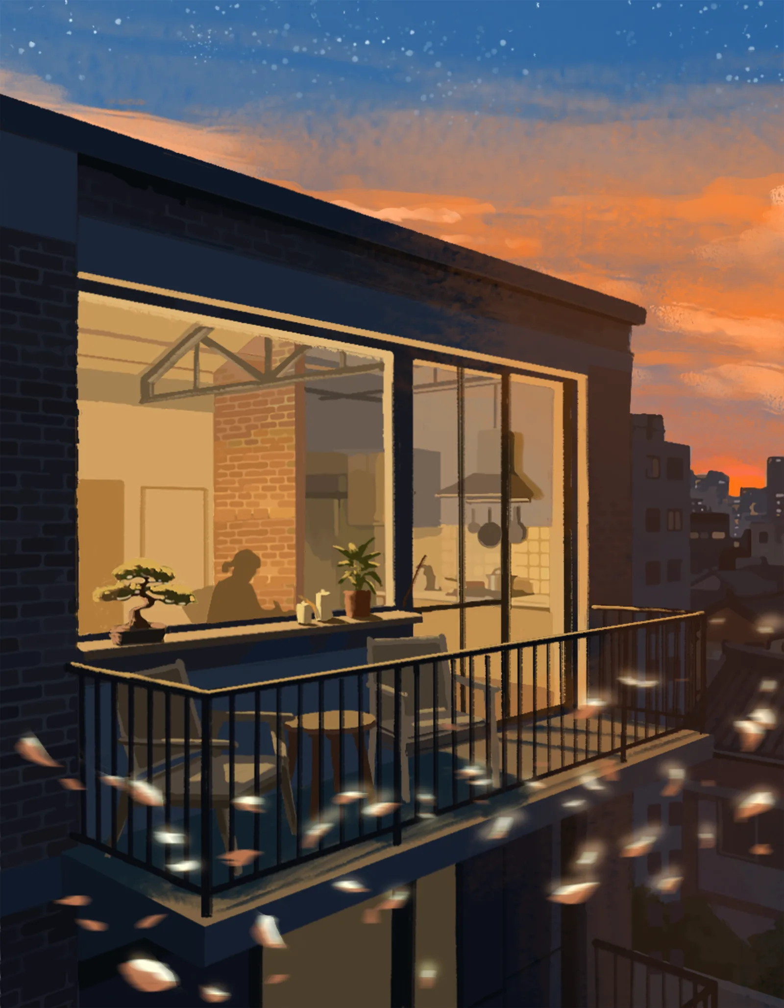 The same building from outside at sunset, petals falling past the balcony, one warm-lit floor above the quiet ones, a bonsai on the sill.
