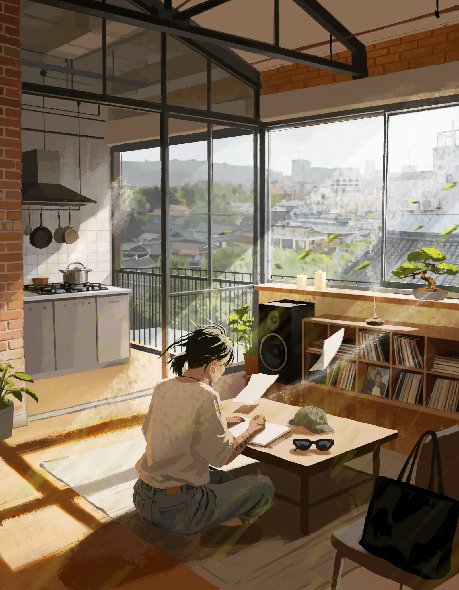 A top-floor loft above a low-rise city, wind through the room carrying leaves in off the rooftops and lifting papers from the table, a bonsai on the sill.